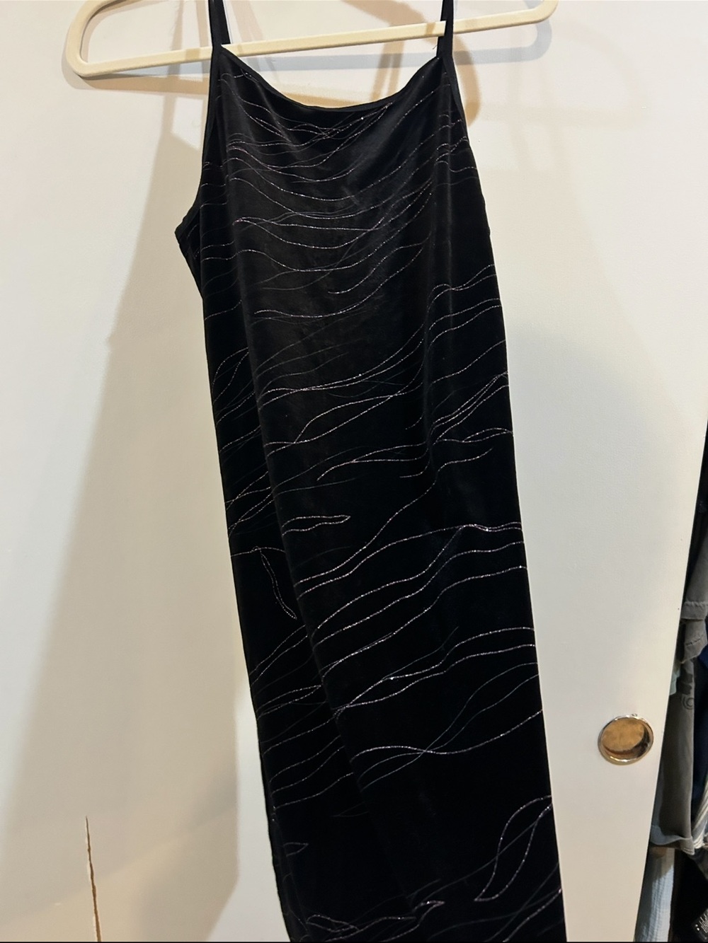 Vintage Black Midi Slip Dress with Silver Wave Accents